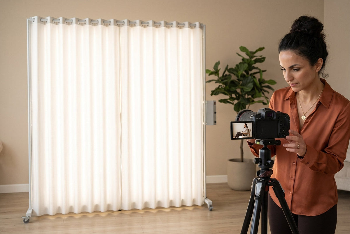 Photographer checking a flicker-free frame on her camera screen, lit by a LEDWindow PRO window-style continuous light with soft white curtains