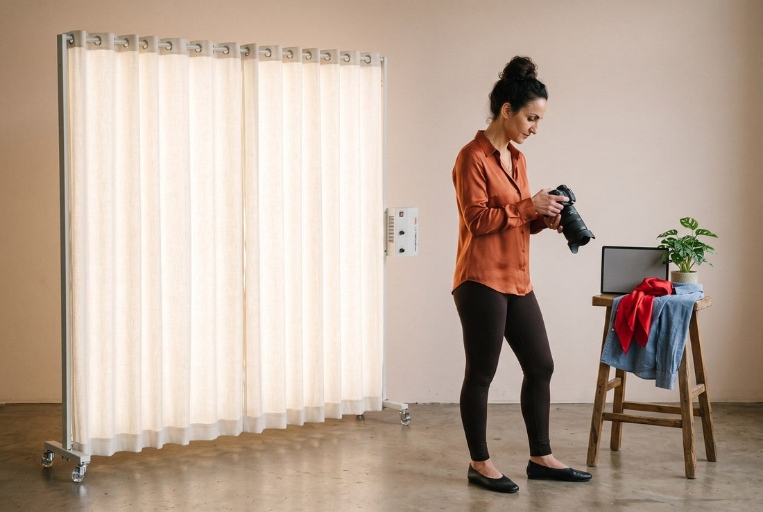Photographer Lucy checking skin tone and fabric color on her camera next to a lit LEDWindow PRO window-style LED panel
