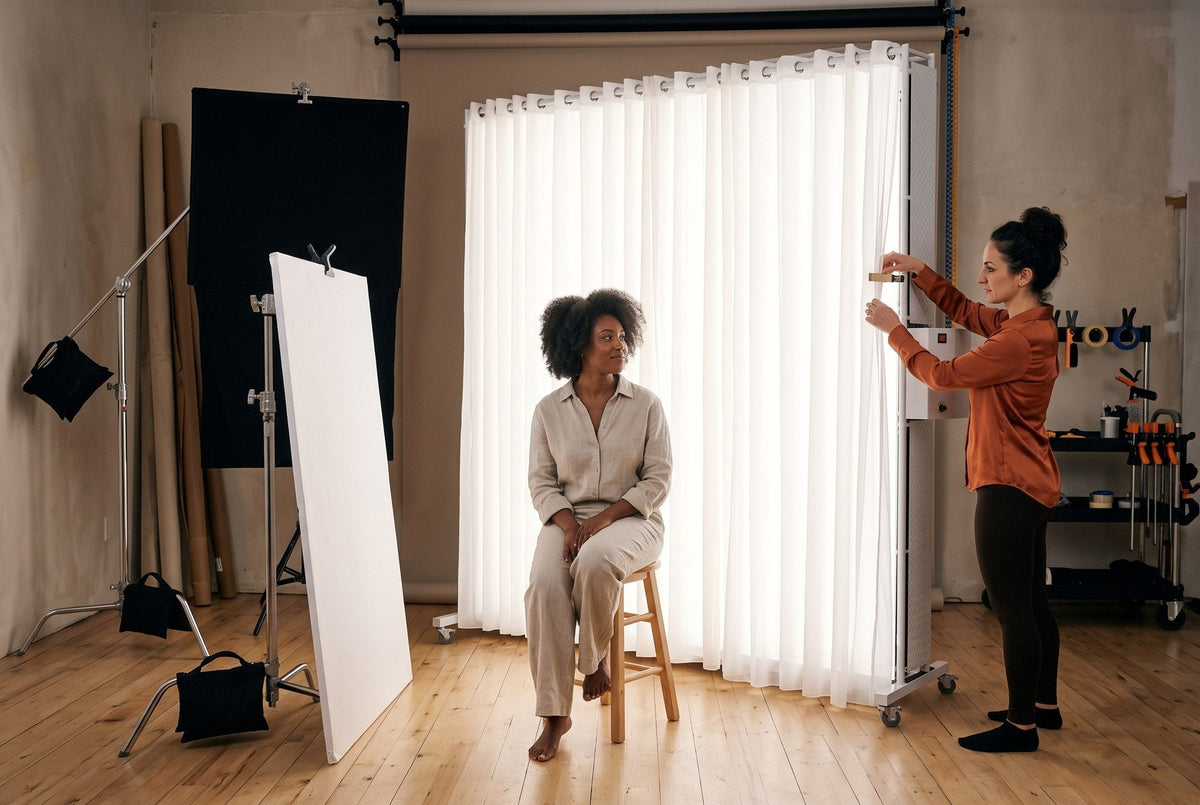 Photographer clipping a sheer curtain to a LEDWindow PRO panel beside a V-flat and a flag in a studio