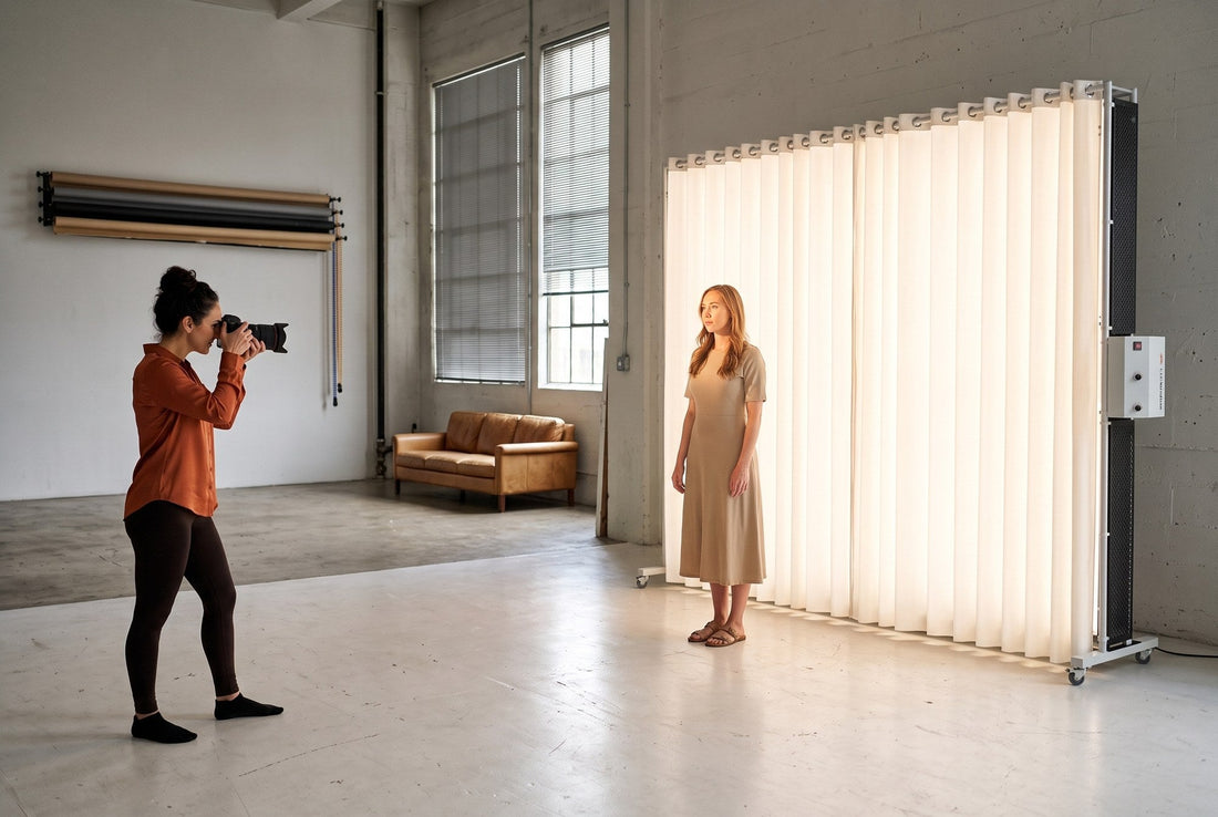 Photographer shooting a standing model in a large studio lit by a LEDWindow PRO panel