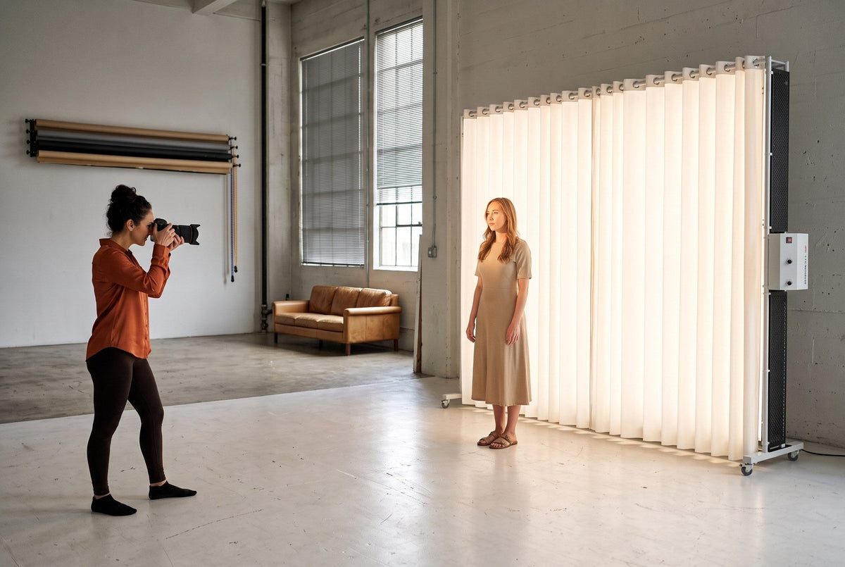 Photographer shooting a standing model in a large studio lit by a LEDWindow PRO panel