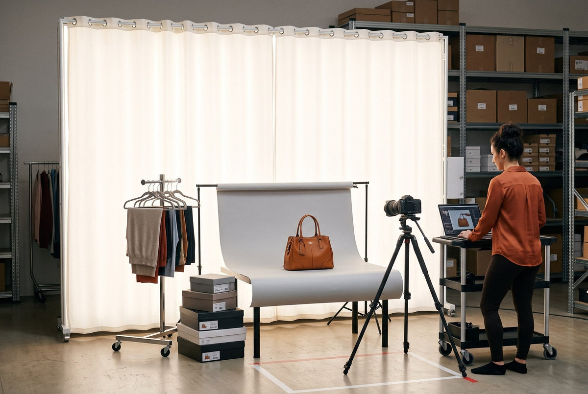 Product photographer shooting a leather handbag on a light-grey sweep beside a LEDWindow PRO panel in an ecommerce catalog studio, tethered to a laptop with floor tape marks for a repeatable setup