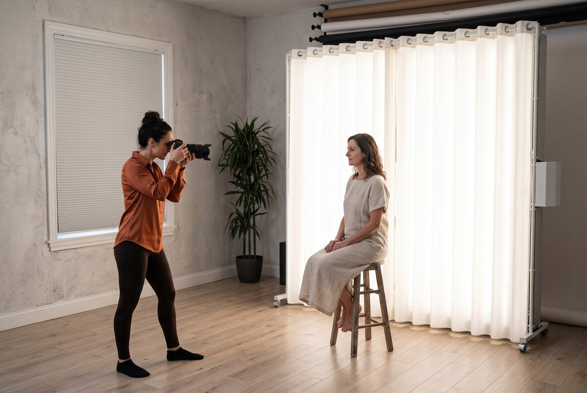 Client on a stool lit only by a LEDWindow PRO panel next to a window with closed blinds