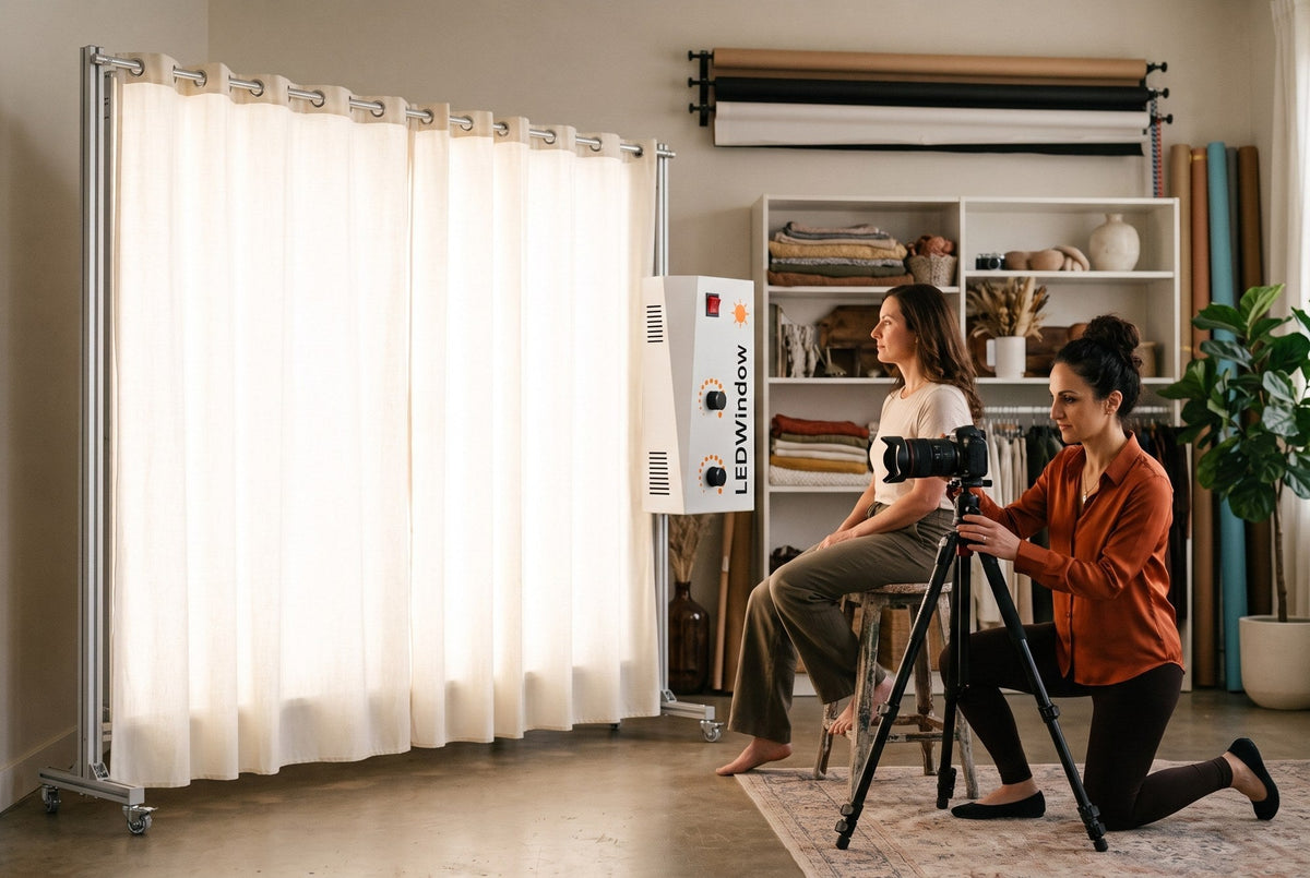 Photographer Lucy kneeling at a tripod photographing a seated model beside a glowing LEDWindow PRO window-style panel with sheer curtain in a bright portrait studio