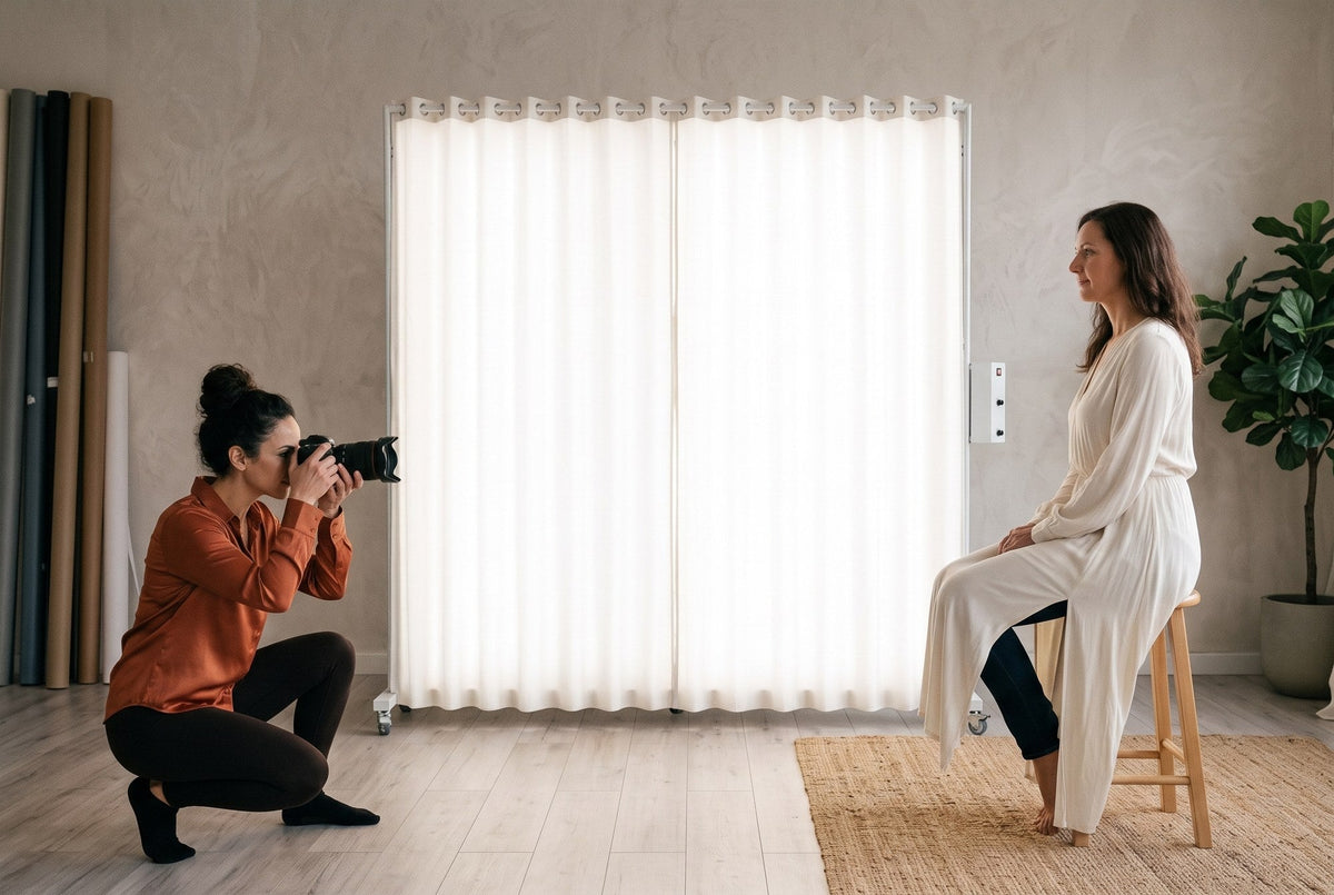 Photographer kneeling to shoot a seated adult model in soft, wide window-style light from a LEDWindow PRO continuous light in a bright studio