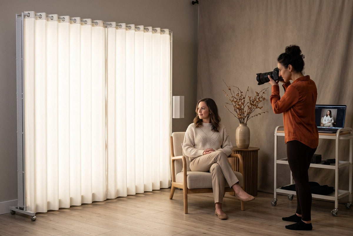 Photographer shooting a seated portrait beside a lit LEDWindow PRO window-style continuous light with white curtains in a warm studio