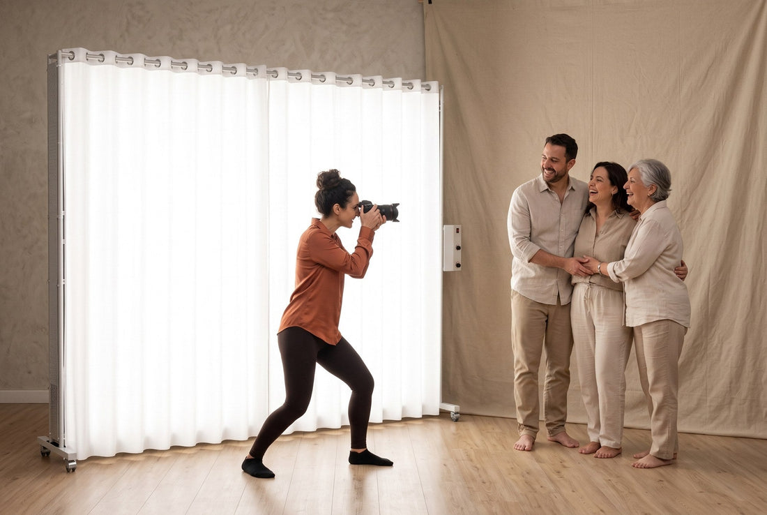 Adult family laughing together under a LEDWindow PRO panel while the photographer shoots