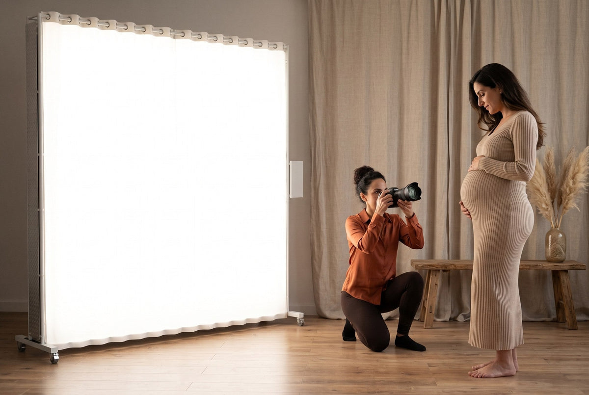 Photographer kneeling to photograph a pregnant client lit by a LEDWindow PRO panel indoors