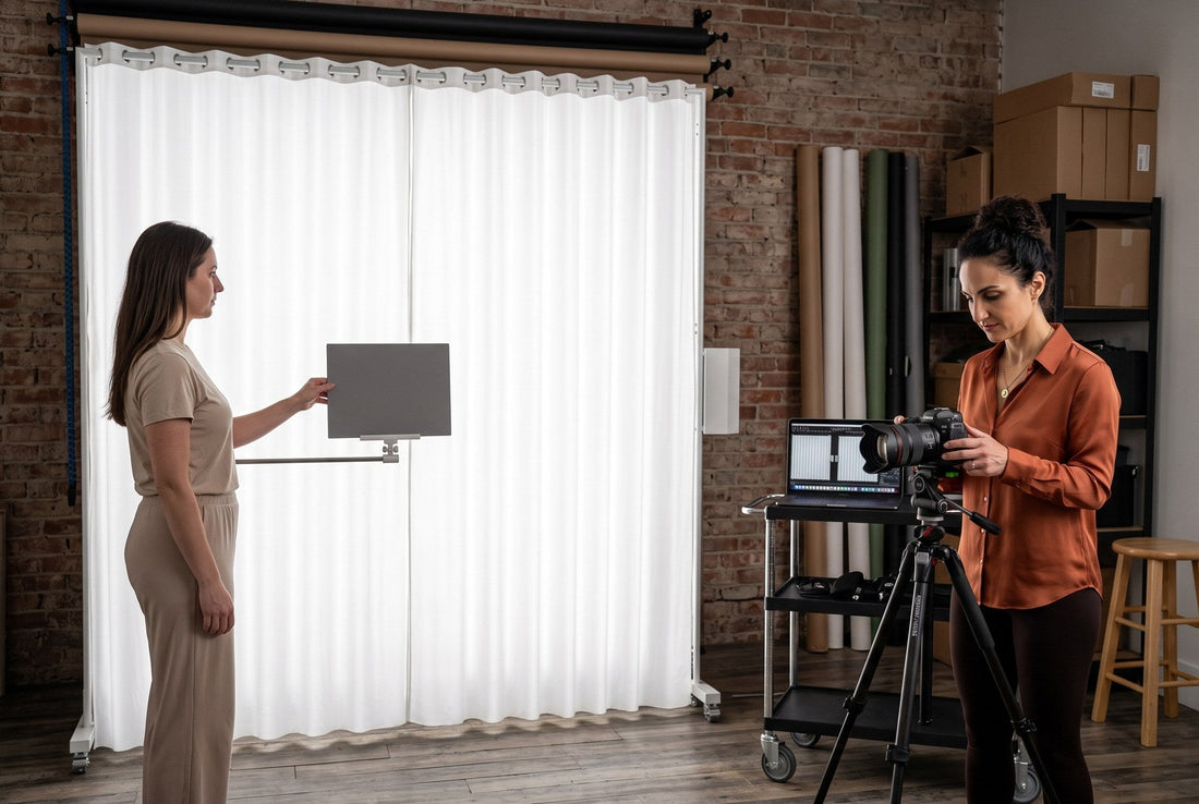 Photographer checking a camera for flicker banding beside a LEDWindow PRO panel lighting a neutral gray card in a studio