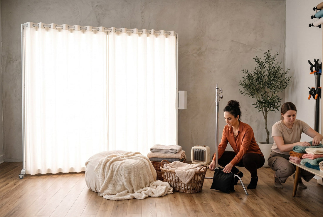 Photographer sandbagging a stand beside an empty newborn posing set lit by a LEDWindow PRO panel