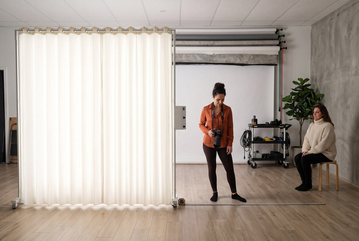 Photographer measuring studio floor space with a tape in front of a LEDWindow PRO panel