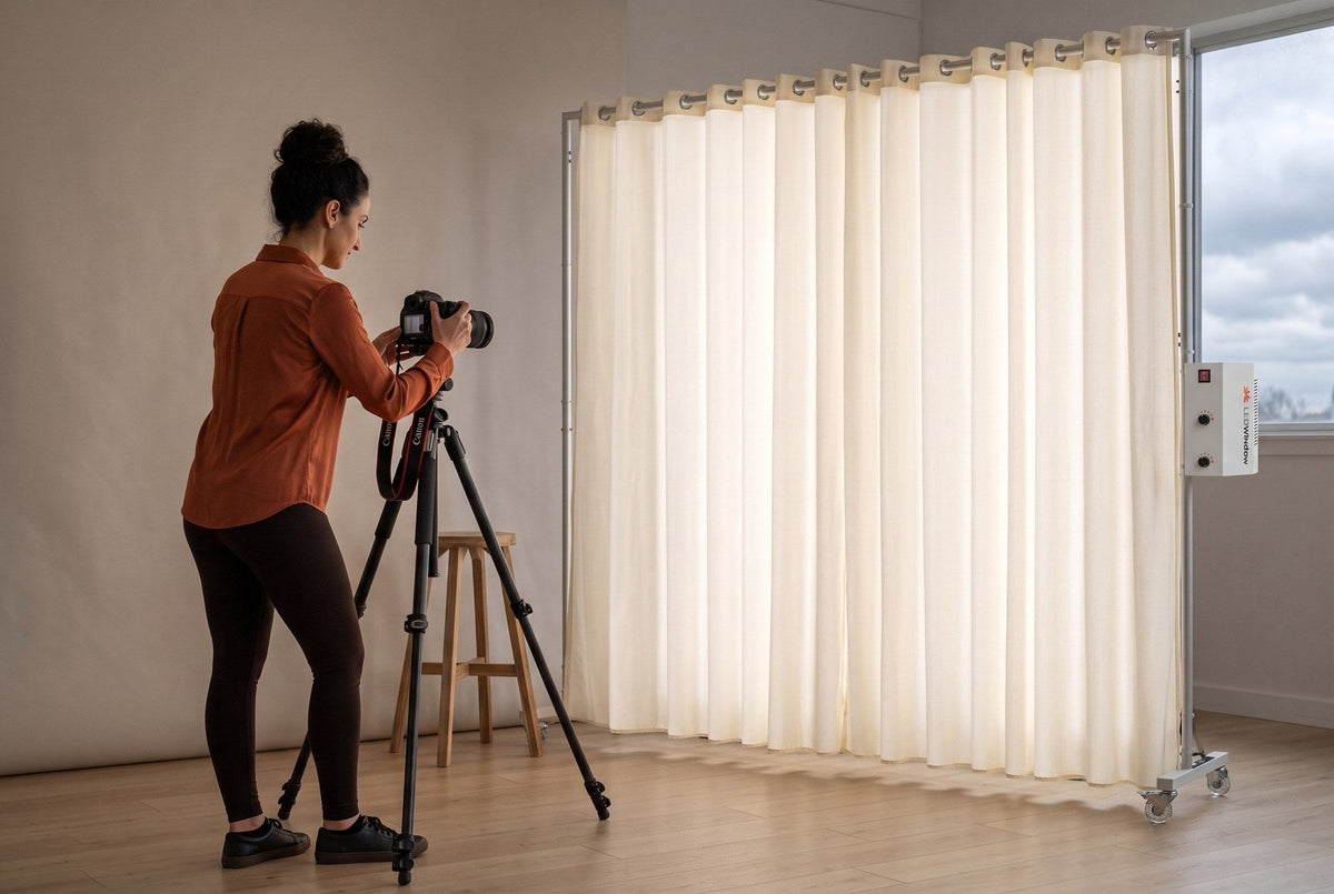 Photographer Lucy adjusting a camera on a tripod in a bright studio beside a lit LEDWindow PRO window-style panel with a cloudy sky outside