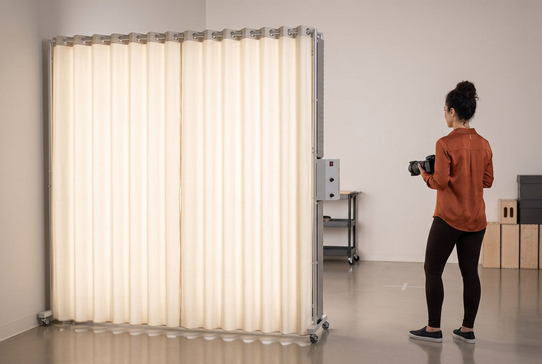 Photographer Lucy holding a camera in a compact studio beside a lit LEDWindow PRO panel against the wall with a clear shooting lane