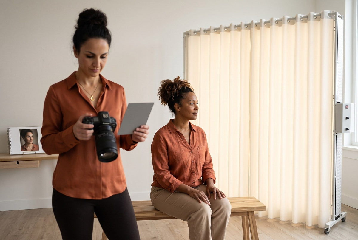Photographer checking a gray card beside a portrait client lit by the LEDWindow PRO window-style continuous light for natural skin tones