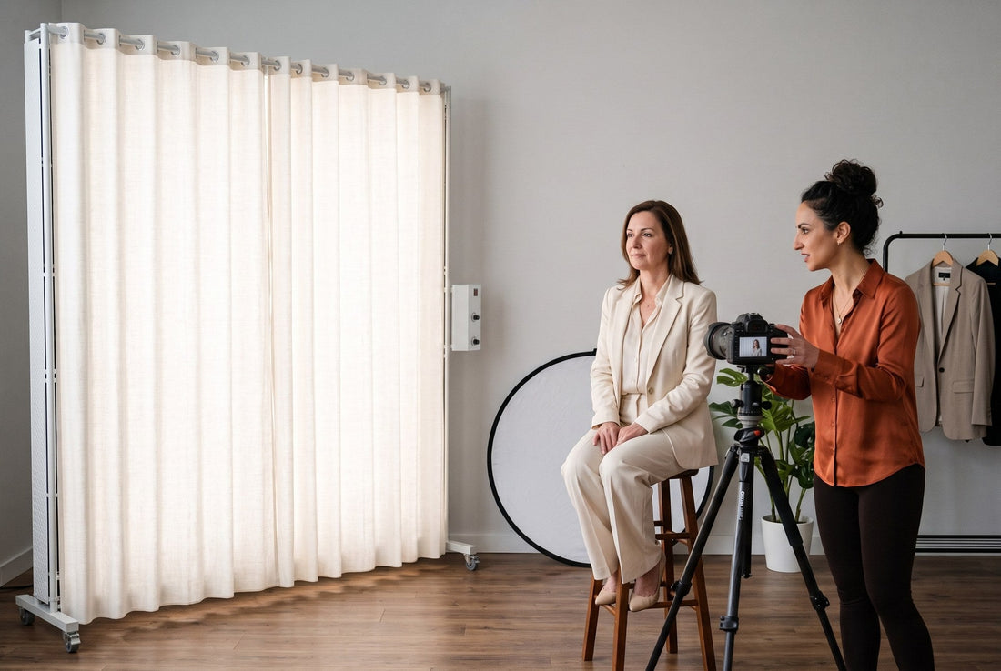 Photographer directing a professional headshot client lit by a soft, near-frontal LEDWindow PRO window-style continuous light