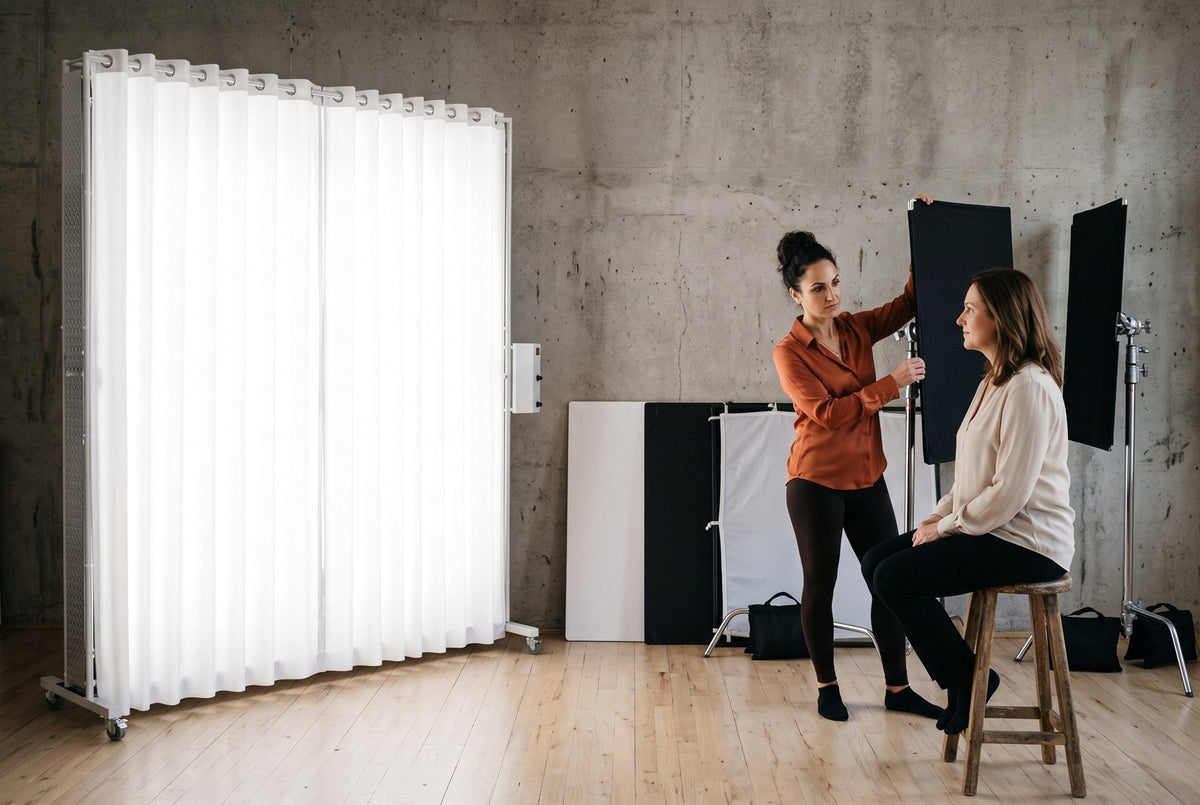 Photographer holding a black flag near a client, with V-flats and a diffusion frame beside a LEDWindow PRO panel