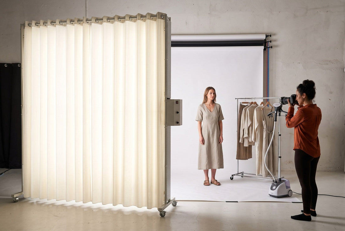Model in a linen dress beside a clothing rack and steamer, lit by a LEDWindow PRO panel for catalog photography