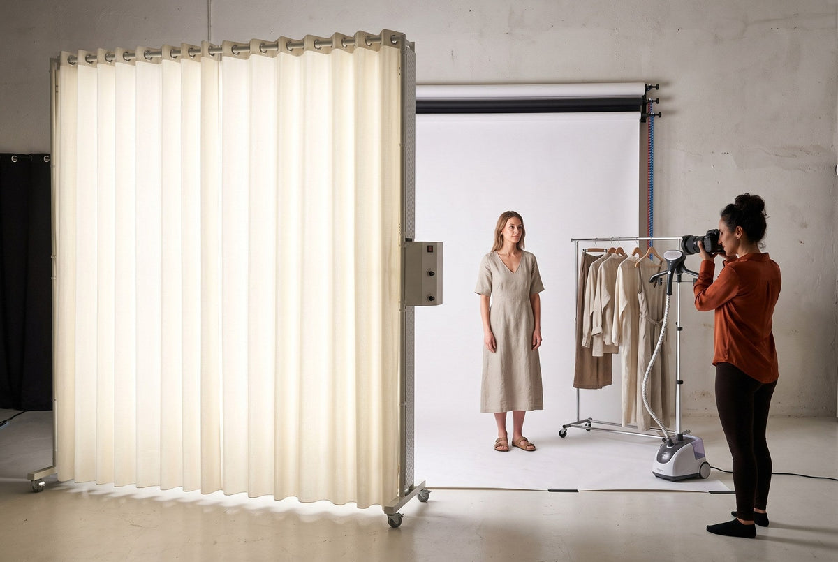 Model in a linen dress beside a clothing rack and steamer, lit by a LEDWindow PRO panel for catalog photography