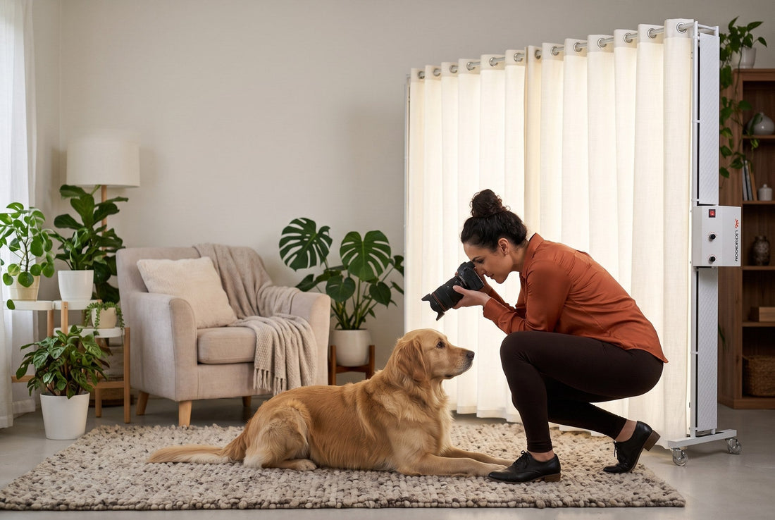 Lucy, a photographer, kneeling to photograph a golden retriever on a wool rug beside a lit LEDWindow PRO window-style light with sheer white curtain in a cozy living room