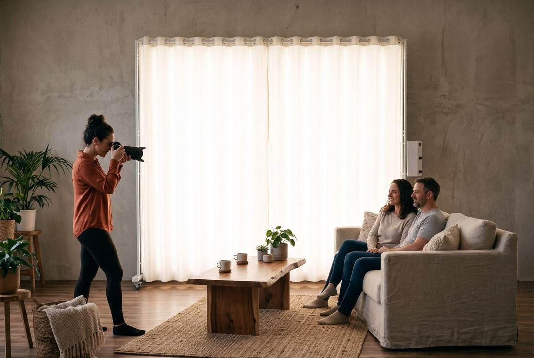 Couple on a sofa in a lifestyle set lit like a window by a LEDWindow PRO panel while the photographer shoots