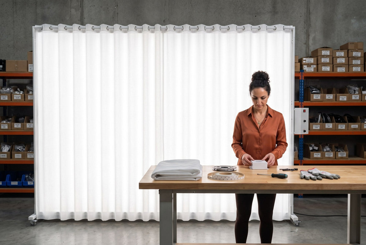 Photographer inspecting a spare power supply at a workbench with a replacement curtain and LED strip, LEDWindow PRO behind