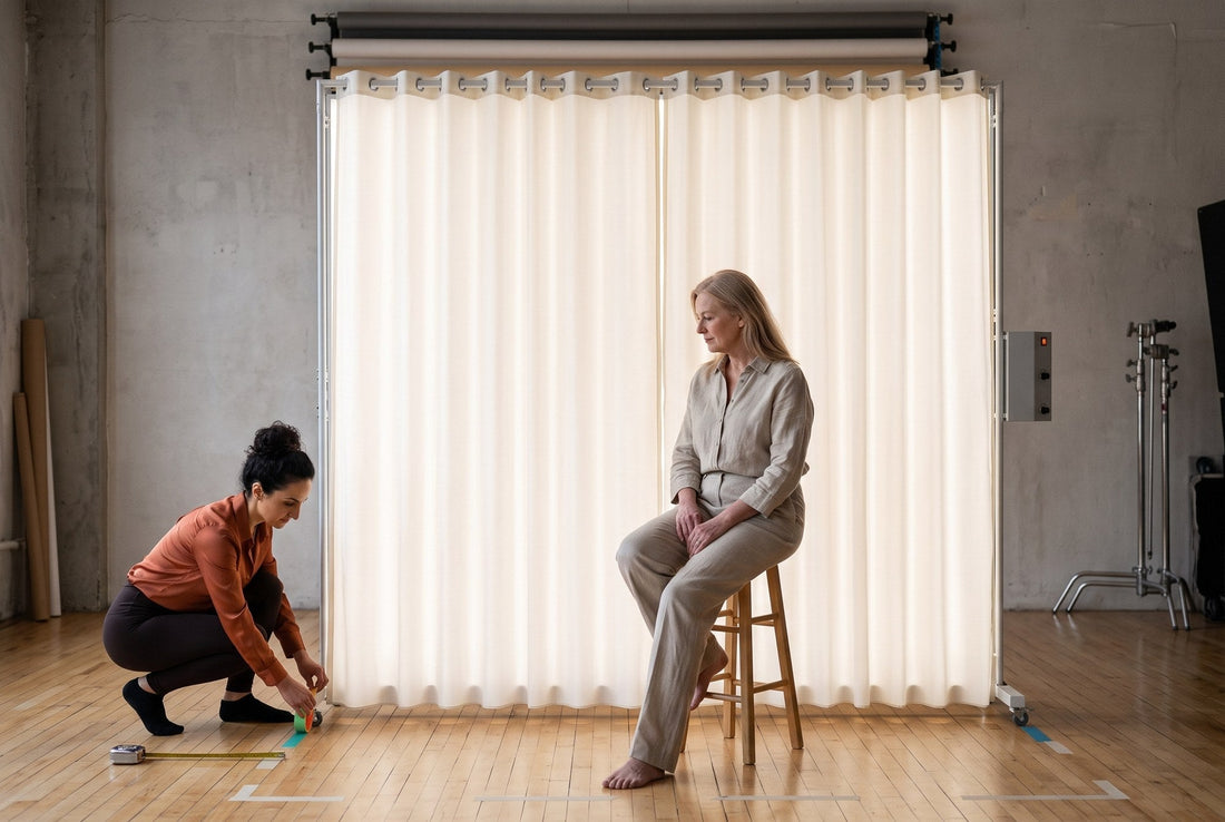 Photographer taping floor marks at the casters of a LEDWindow PRO panel to repeat the same light