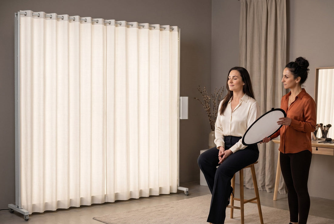 Photographer holding a white reflector as a LEDWindow PRO window-style light creates soft diffused light on a beauty portrait