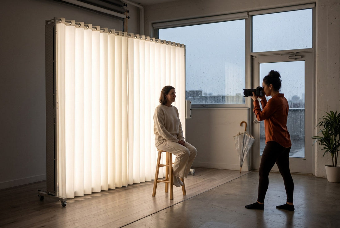 Photographer shooting a client lit by a LEDWindow PRO panel on a rainy day, wet windows behind