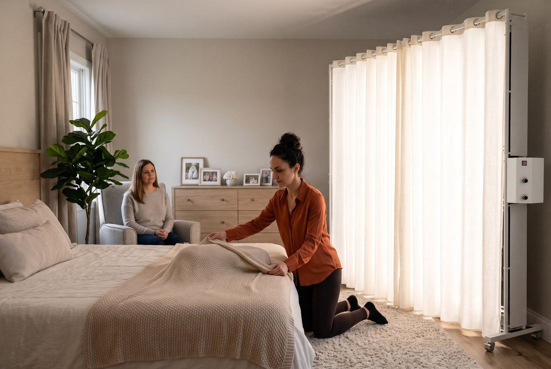 LEDWindow MOB+ panel lit in a home bedroom during a portable newborn session, mother folding a knit blanket on the bed while another woman watches from an armchair