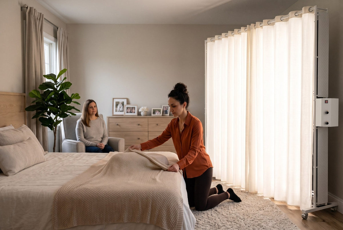 LEDWindow MOB+ panel lit in a home bedroom during a portable newborn session, mother folding a knit blanket on the bed while another woman watches from an armchair