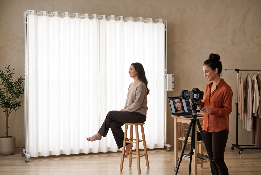 Photographer checking a natural, color-accurate beauty portrait on a laptop while the model sits in soft light from a LEDWindow PRO window-style panel
