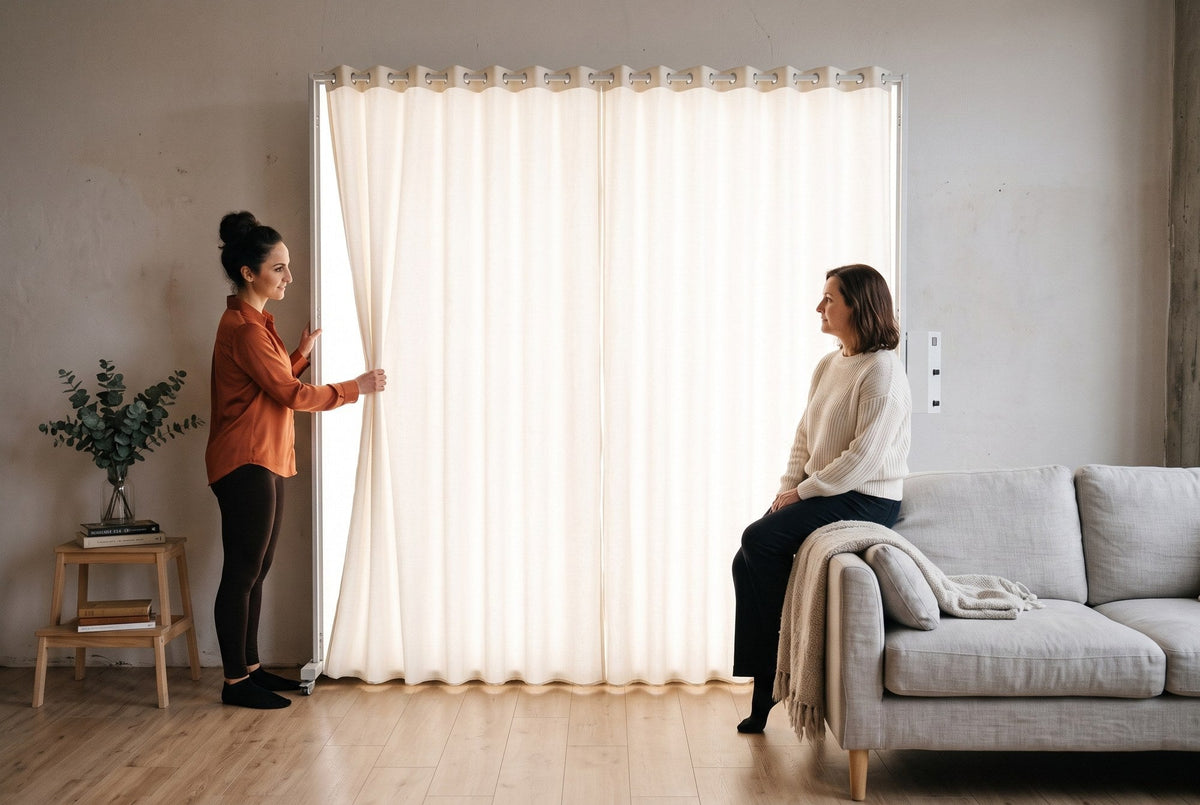 Photographer adjusting the curtain of a LEDWindow PRO panel set up as a faux window in a living-room set