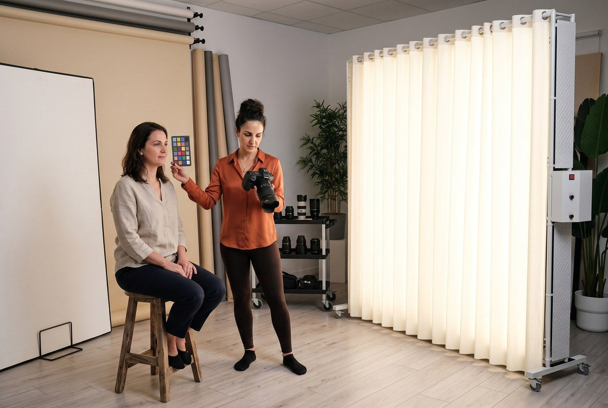 Photographer holding a color checker next to a client's face under a LEDWindow PRO continuous light panel in a studio