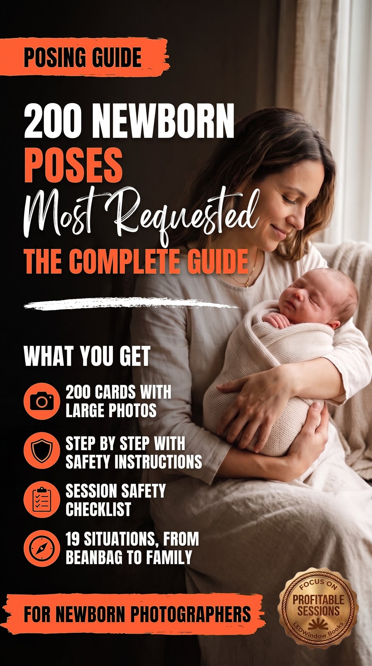 Cover of the 200 Most Requested Newborn Poses digital guide, LEDWindow Books