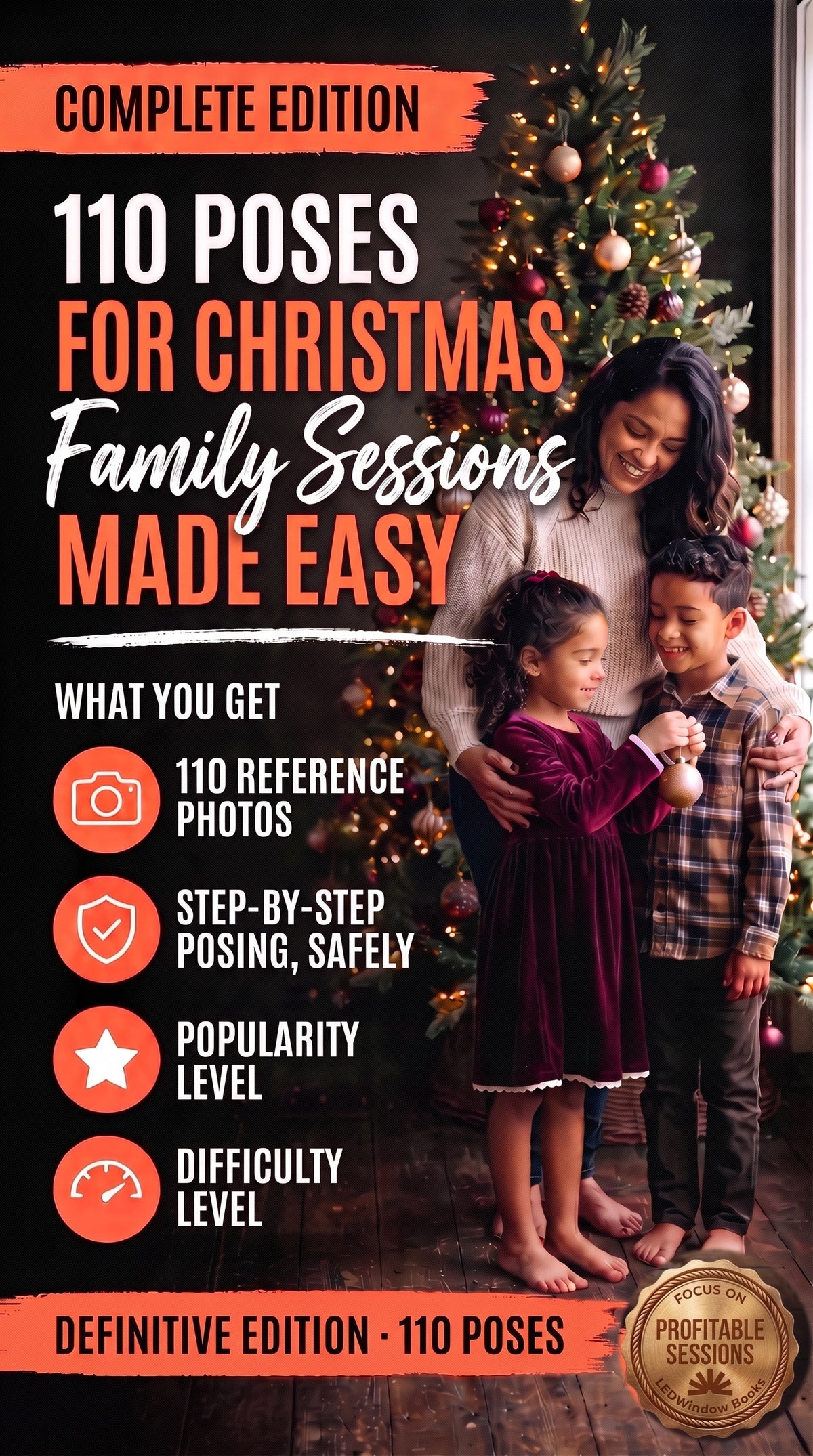 Cover of the 110 Christmas Poses: Kids, Families, Grandparents and Pets guide, a digital guide by LEDWindow Books for family photographers