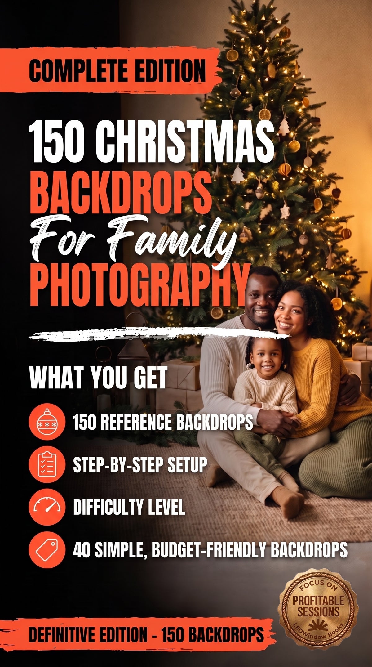Cover of the 150 Christmas Backdrops e-book, digital guide by LEDWindow Books for photographers