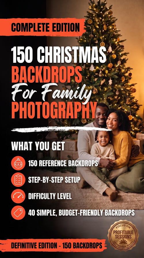 Cover of the 150 Christmas Backdrops e-book, digital guide by LEDWindow Books for photographers